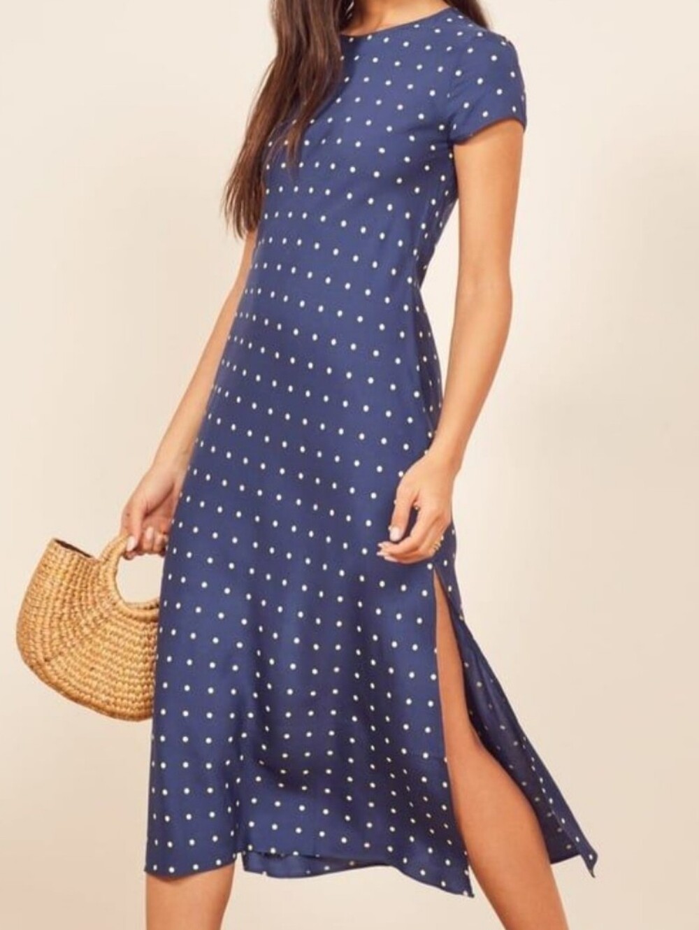 Reformation Jeans XS Navy Polka Dot Maxi Dress Short Sleeve Viscose